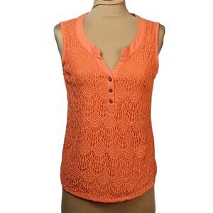 BELLE DU JOUR Cotton Blend Split Neck Lace Front Tank Top Orange Size Medium